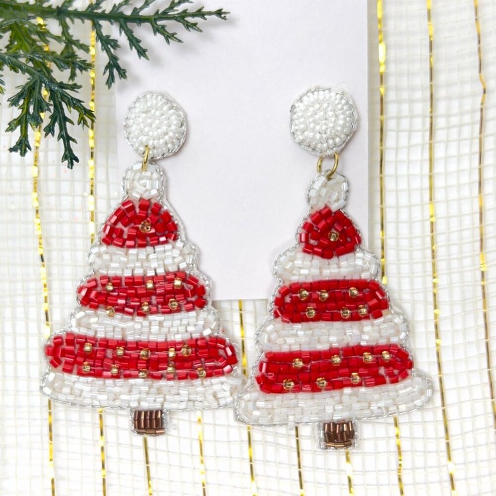 Handmade Beaded Earring, Tree Red & White